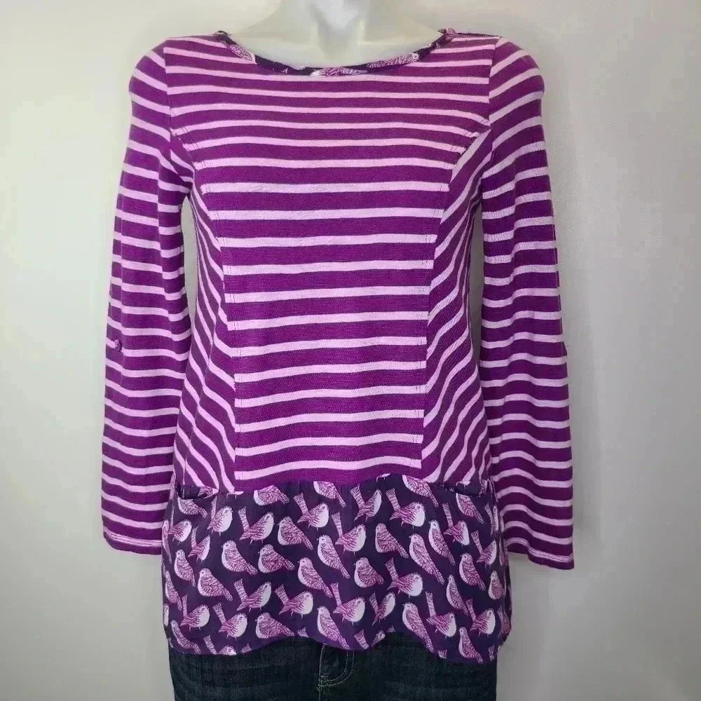 Anthropologie Postmark Cotton Rayon Purple Striped Bird Print Peplum Ruffle XS